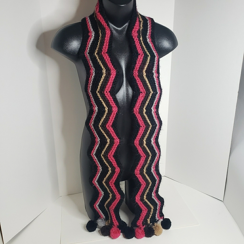 Unique Rare Vintage Zig Zag Knit Scarf Stripes Crochet Pom Hippie Boho Hobo Chic
